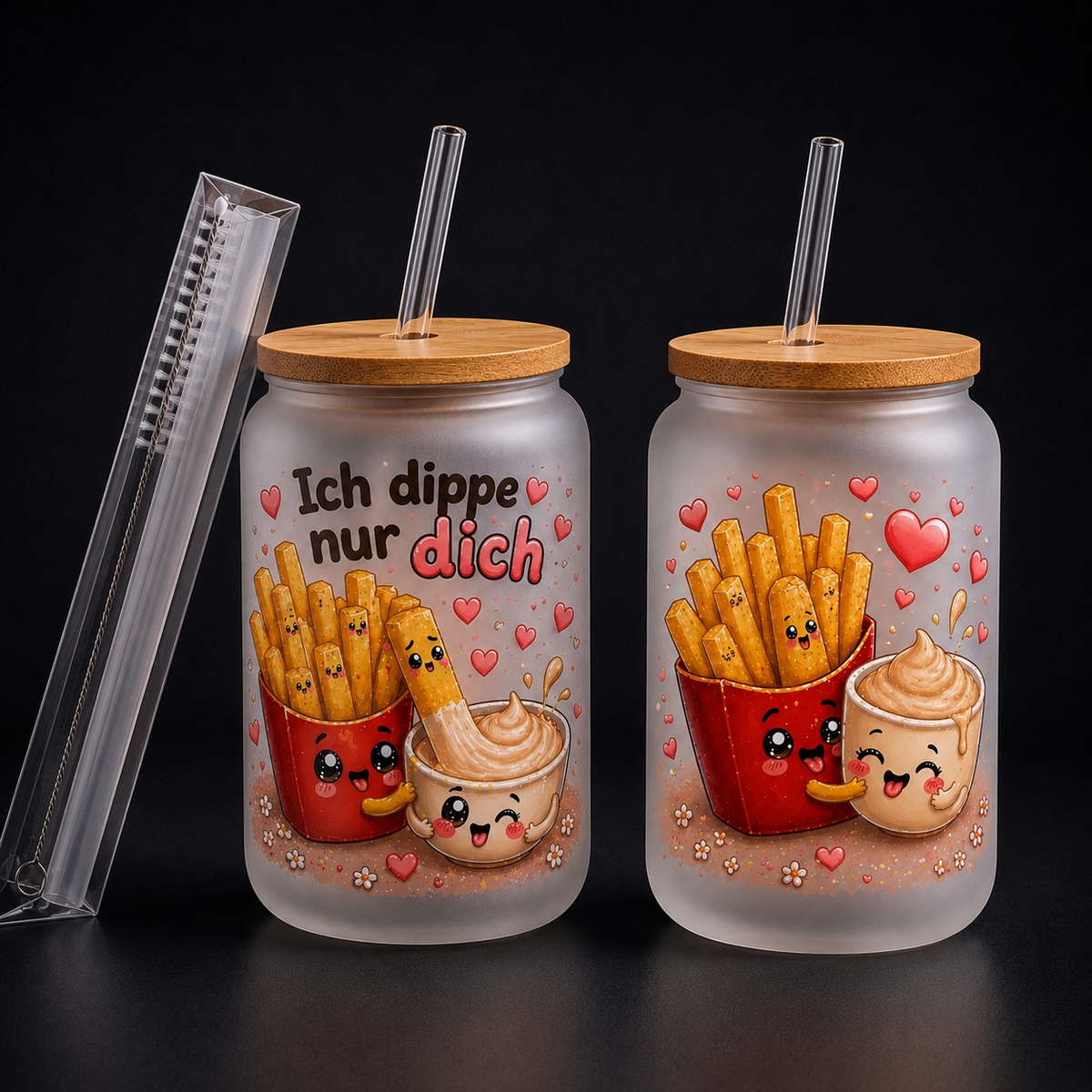 Milchglas Pommes und Mayo